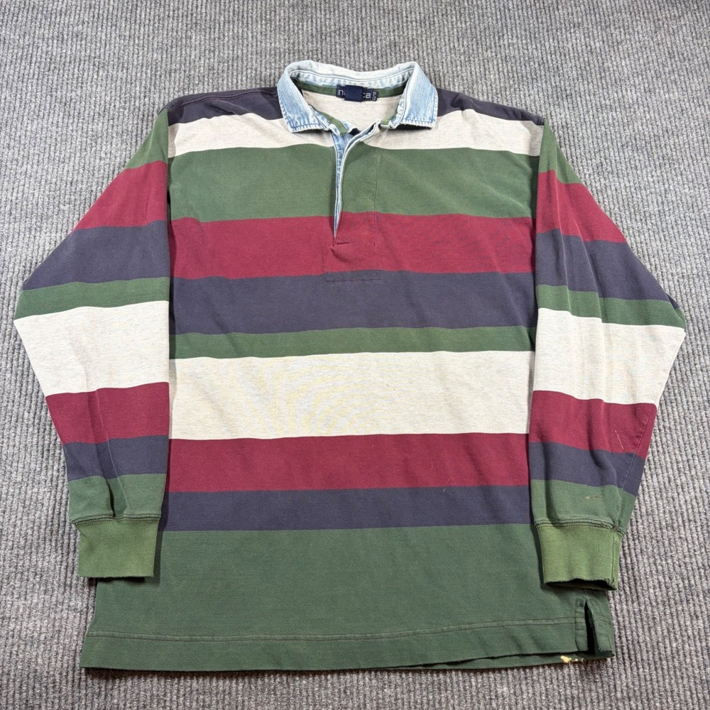 Nautica Shirt Men's XL Rugby Shirt Vintage Striped Long Sleeve Denim Collar